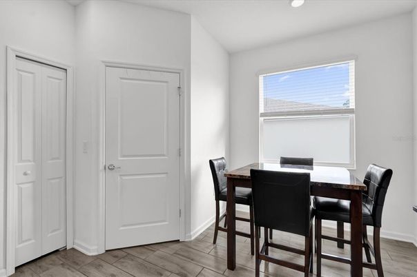 Dining room, Interior, Recessed Lighting, Wood Texture Flooring