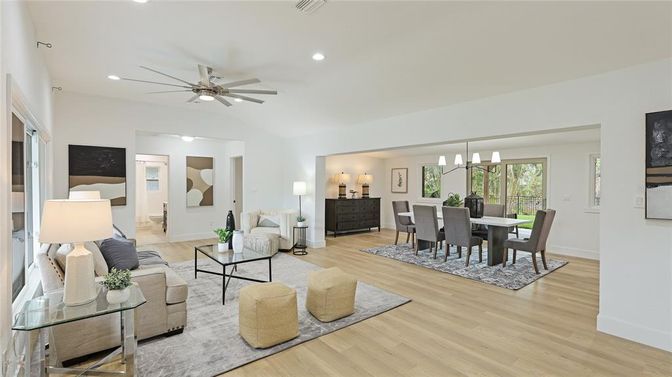 Dining room, Interior, Living room, Recessed Lighting, Wood Texture Flooring