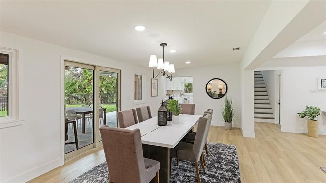 Chandelier, Dining room, Interior, Recessed Lighting, Wood Texture Flooring