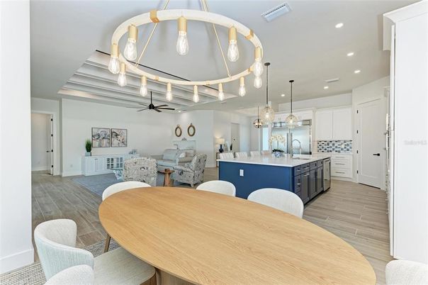 Dining room, Interior, Kitchen, Living room, Pendant Lights, Recessed Lighting, Wood Texture Flooring