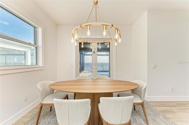 Dining room, Interior, Pendant Lights, Wood Texture Flooring