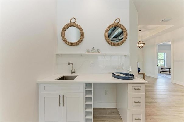 Interior, Kitchen, Marble Walls, Pendant Lights, Wood Texture Flooring