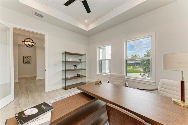 Home Office, Interior, Pendant Lights, Recessed Lighting, Wood Texture Flooring
