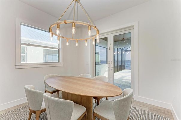 Dining room, Interior, Pendant Lights, Wood Texture Flooring