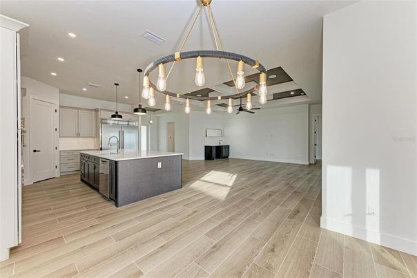 Interior, Kitchen, Pendant Lights, Recessed Lighting, Wood Texture Flooring