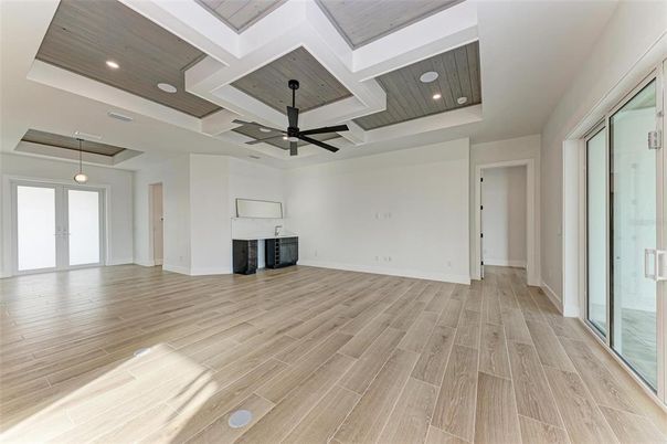 Empty room, Interior, Pendant Lights, Recessed Lighting, Wood Texture Flooring