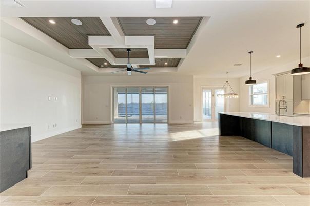 Empty room, Interior, Kitchen, Pendant Lights, Recessed Lighting, Wooden Ceilings, Wood Texture Flooring