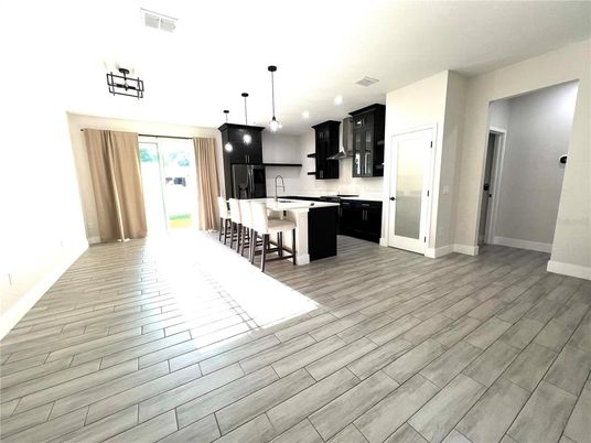Dining room, Interior, Kitchen, Pendant Lights, Wood Texture Flooring