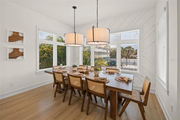 Dining room, Interior, Pendant Lights, Wood Texture Flooring