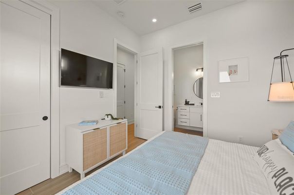 Bedroom, Interior, Recessed Lighting, Wood Texture Flooring