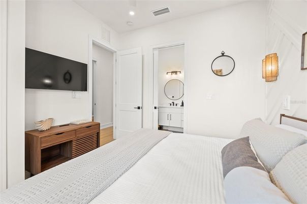 Bedroom, Interior, Recessed Lighting, Wood Texture Flooring