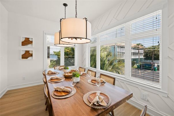 Dining room, Interior, Pendant Lights, Wood Texture Flooring