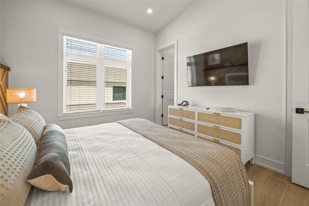 Bedroom, Interior, Recessed Lighting, Wood Texture Flooring