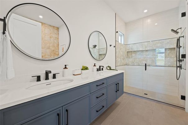 Bathroom, Dual Sink Vanities, Glass Shower, Interior, Recessed Lighting