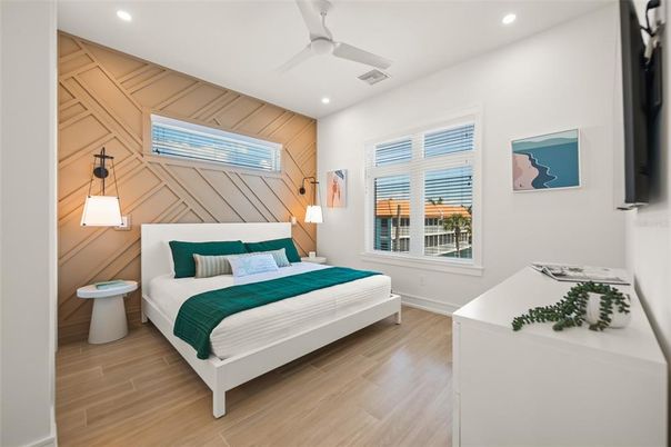 Bedroom, Interior, Recessed Lighting, Wood Texture Flooring