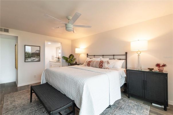 Bedroom, Interior, Recessed Lighting, Wood Texture Flooring