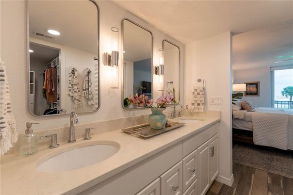 Bathroom, Bedroom, Dual Sink Vanities, Interior, Recessed Lighting, Wood Texture Flooring