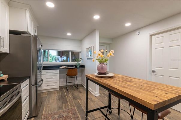 Interior, Kitchen, Recessed Lighting, Wood Texture Flooring