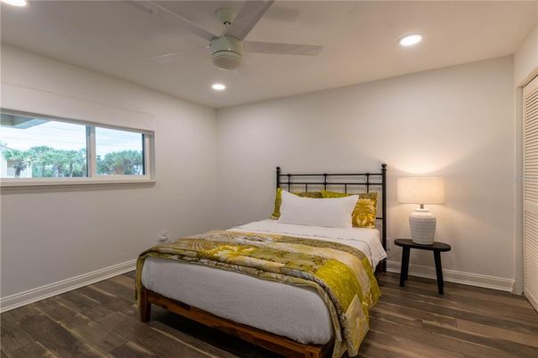 Bedroom, Interior, Recessed Lighting, Wood Texture Flooring