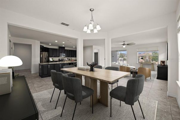 Chandelier, Dining room, Interior, Kitchen, Recessed Lighting, Stainless Steel Appliances