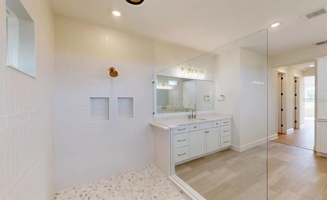 Bathroom, Dual Sink Vanities, Glass Shower, Interior, Recessed Lighting