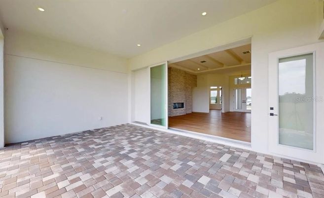 Empty room, Fireplace, Interior, Pendant Lights, Recessed Lighting, Wood Texture Flooring