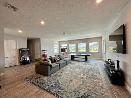Billiard Table, Game Room, Interior, Living room, Recessed Lighting, Wood Texture Flooring
