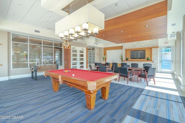 Billiard Table, Chandelier, Dining room, Game Room, Interior, Recessed Lighting, Stone Walls