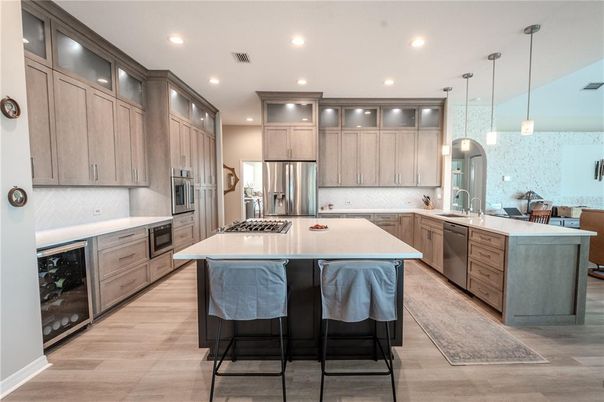 Interior, Kitchen, Pendant Lights, Recessed Lighting, Stainless Steel Appliances, Wood Texture Flooring