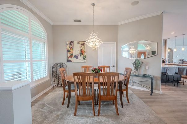 Chandelier, Dining room, Interior, Pendant Lights, Wood Texture Flooring