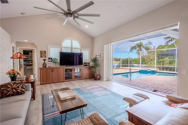 Glass Ceilings, Interior, Living room, Pool, Recessed Lighting, Sun Room, Wood Texture Flooring