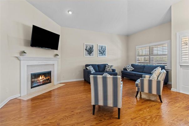 Fireplace, Interior, Living room, Recessed Lighting, Wood Texture Flooring