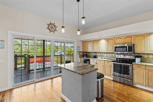 Interior, Kitchen, Pendant Lights, Stainless Steel Appliances, Wood Texture Flooring