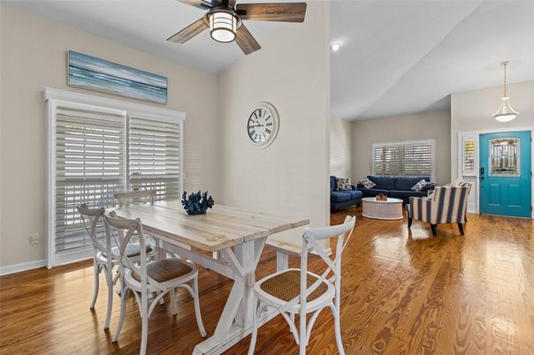 Dining room, Interior, Living room, Pendant Lights, Recessed Lighting, Wood Texture Flooring