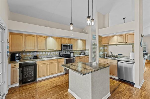 Interior, Kitchen, Pendant Lights, Stainless Steel Appliances, Wood Texture Flooring