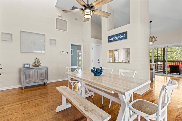 Dining room, Interior, Pendant Lights, Wood Texture Flooring