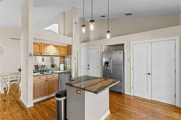 Interior, Kitchen, Pendant Lights, Stainless Steel Appliances, Wood Texture Flooring