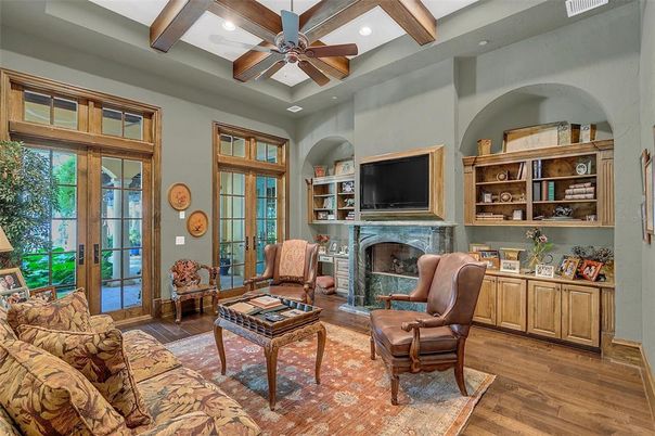 Fireplace, Interior, Living room, Recessed Lighting, Wooden Beams, Wood Texture Flooring