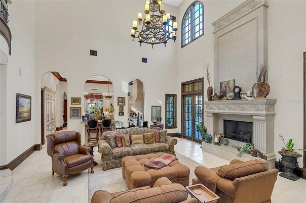 Chandelier, Fireplace, Interior, Living room