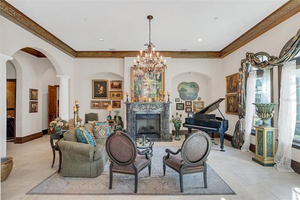 Chandelier, Fireplace, Interior, Living room, Piano, Recessed Lighting