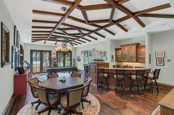 Billiard Table, Chandelier, Game Room, Interior, Recessed Lighting, Wooden Beams, Wood Texture Flooring