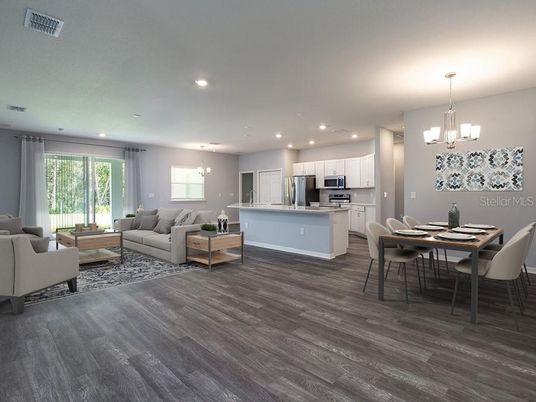 Dining room, Interior, Kitchen, Living room, Pendant Lights, Recessed Lighting, Stainless Steel Appliances, Wood Texture Flooring