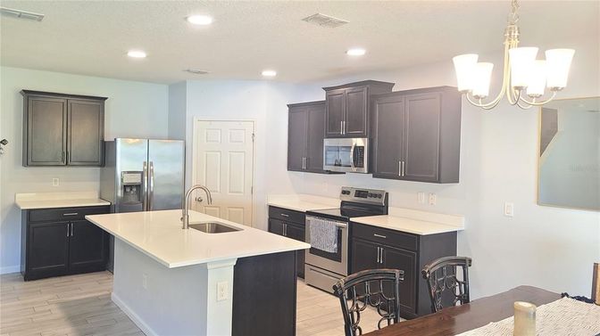 Chandelier, Interior, Kitchen, Pendant Lights, Recessed Lighting, Stainless Steel Appliances, Wood Texture Flooring