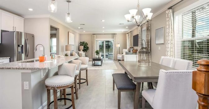 Chandelier, Dining room, Interior, Kitchen, Living room, Pendant Lights, Recessed Lighting, Stainless Steel Appliances