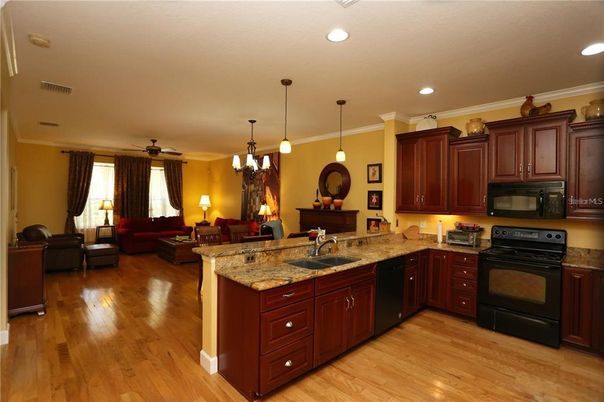 Interior, Kitchen, Living room, Pendant Lights, Recessed Lighting, Wood Texture Flooring