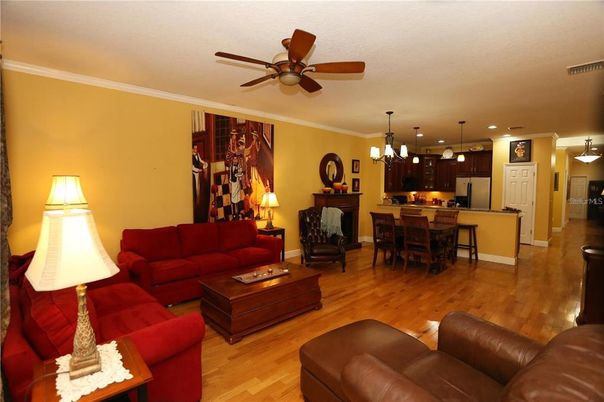 Dining room, Interior, Kitchen, Living room, Pendant Lights, Recessed Lighting, Stainless Steel Appliances, Wood Texture Flooring