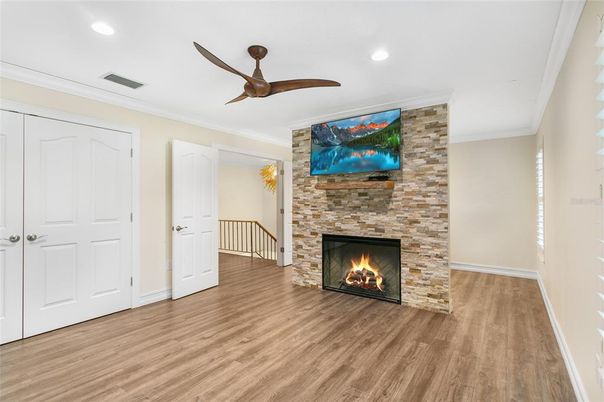 Empty room, Fireplace, Interior, Recessed Lighting, Wood Texture Flooring