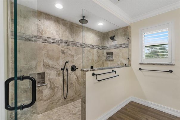 Bathroom, Glass Shower, Interior, Recessed Lighting, Wood Texture Flooring
