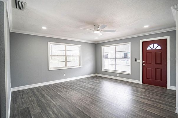 Empty room, Interior, Recessed Lighting, Wood Texture Flooring