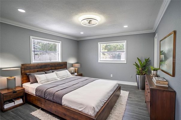 Bedroom, Interior, Recessed Lighting, Wood Texture Flooring